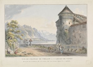 Utsikt över Chillon kasteel Castle Vue du Chateau de Chillon à 2 lieues de Vevey (titel på objekt) av Jan Gerard Waldorp