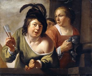 En ung Toper och en tjänande piga som dricker på en balkong,