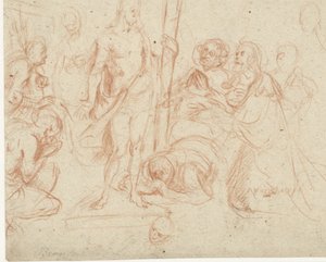Kristus med korset, omgiven av knästående figurer
