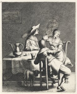 Rökare blåser rök mot en kvinna Odör The Five Senses (serietitel) av Jan Gillisz. van Vliet