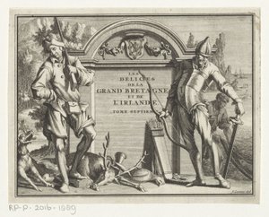 Twee jagers för arkitektonisk miljö Titelsida för: James Beeverell, The delights of Great Britain and Ireland, Volym sju, 1707 av Jan Goeree (possibly)