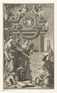 Rättvisa lär ut lagarna i Utrecht Costumen Usantien och polis i staden Utrecht (titel på objekt) Titelsida för Willem Van der Meulen, Costumen, usantien, policien ende style van literen, der Stadt Utrecht, 1709
