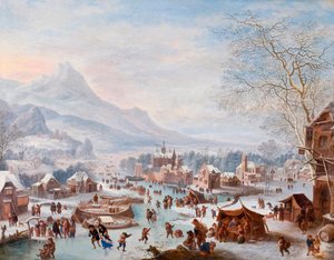 ""Winter Scene with Skaters" (Winter Scene with Skaters) Målning av Jan Griffier (ca 1652-1718) - Olja på koppar - Storlek 43x55 cm Hallwylska Museet, Stockholm