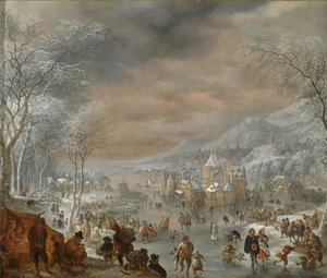 Vinterlandskap med skridskoåkare, kyrka och by längs stranden av en flod