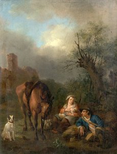 Landskap med figurer, en häst och en hund