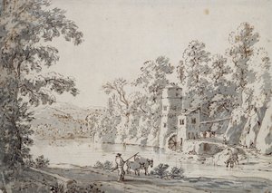 The Watermill by the Ford (penna och brunt bläck och grått tvätt på papper)