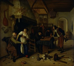 Interiör av ett värdshus med en gammal man som roar sig med hyresvärdinnan och två män som spelar backgammon, känd som "Två sorters spel" av Jan Havicksz. Steen