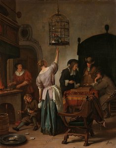 Interiör med en kvinna som matar en papegoja, känd som "Papegojburen" Interiör med en kvinna som matar en papegoja av Jan Havicksz. Steen