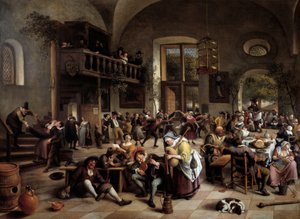Fest i ett värdshus Musiker, spelare, män och kvinnor av drickande människor - Målning av Jan Havicksz (Havicksz) Steen (1626-1679)