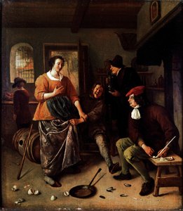 De trasiga äggen (inne i ett värdshus). Grupp glada karaktärer i holländsk mat. Mannen som lyfter kvinnans kjol är ett självporträtt av målaren. Målning av Jan Havickszoon Steen (1625/6-1679) 1665-1670 sön. 43x38 cm London, National Gallery - The Inte