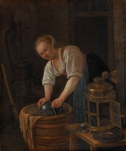 Kvinna som skurar metallvaror av Jan Havicksz. Steen