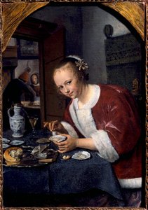 Ung flicka äter ostron Målning av Jan Steen (1626-1679) Sön. 0,14x0,2 m Haag. Mauritshuis