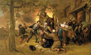 Bønder og soldater uden for et værtshus - en allegori over voldtægten af Holland swed av Jan Havickszoon Steen