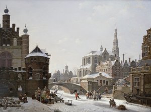 En Capriccio-vy av en stad med figurer på en frusen kanal