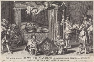 Paradbädd av Prins Maurits, 1625 Bildningar av den store Maurice Nassouii, prins av Arausion, etc. av den avlidne Hague-Comitis XXIII april 1825 (titel på objekt) av Jan Hendriksz. Verstraelen
