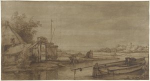 Segelvy med gård och liggande pråm av Jan Hulswit (possibly)