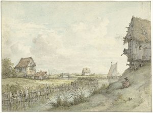 Flodlandskap med en skissande konstnär mellan hyddor av Jan Hulswit
