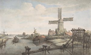 Utsikt över en kanal med tre väderkvarnar, sent 1700-tidigt 1800-tal.