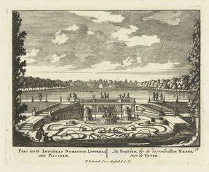 Fontän vid den stora dammen i trädgårdarna i Paleis Het Loo, 1695-1705