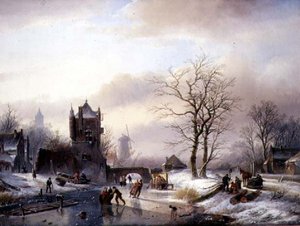 Skaters on a Frozen River (olja på duk)