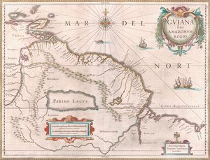 En karta skapad cirka 1649 som visar Guiana-regionen. Territorium som Spanien hävdar i rött i väster, Holländsk Guyana markerat i gult och portugisiskt territorium i rött i sydost. Den mytomspunna Parimesjön är också synlig