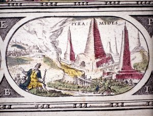 Representation av antikens sju underverk: pyramiderna i Egypten. i Atlas of Jansson Janssonius tryckt i Amsterdam 1630. Privat samling.