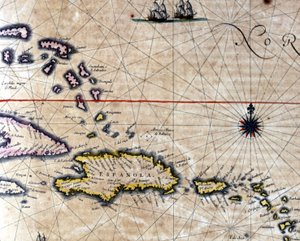 Karibien och sköldpaddsön (nordväst om Santo Domingo) på en karta av den holländska kartografen Jansson Janssonius. 1600-talet