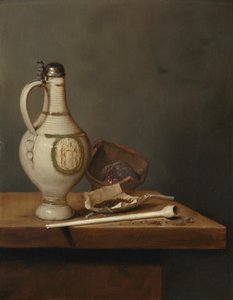Stilleben med stengodskanna och pipa, mitten av 1650-talet (olja på pannå) av Jan Jansz. van de Velde