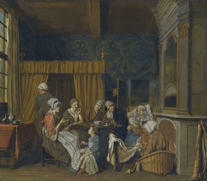En familj som dricker te medan de firar tvillingarnas födelse av Jan Josef Horemans the Younger