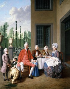 Gruppporträtt av familjen van den Bosch, middag vid ett hus, en topiary Garden Beyond, 1777