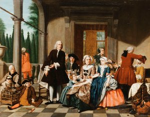 Porträtt av en familj som äter på en portik, en formell trädgård bortom, 1747