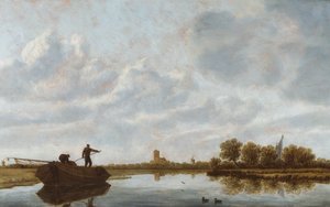 Män på en pråm i ett flodlandskap med en avlägsen kyrka (olja på pannå) av Jan Josefsz. van (circle of) Goyen