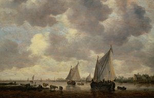 En kanal i Holland, eller två stora segelfartyg och boskap nära en flod av Jan Josephsz van Goyen