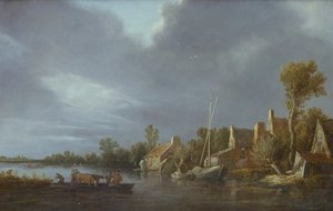 En by vid en flod med bönder och boskap på en färja av Jan Josephsz van Goyen
