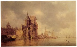 Ett medeltida torn på en slottsvall med segelfartyg vid en brygga och en roddbåt i förgrunden, ca 1642 (olja på panel) av Jan Josephsz van Goyen