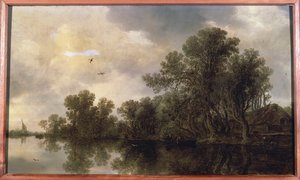 Ett trädbevuxet flodlandskap, med bönder i en roddbåt vid en stuga och en färja, en segelbåt i fjärran, 1633 av Jan Josephsz van Goyen