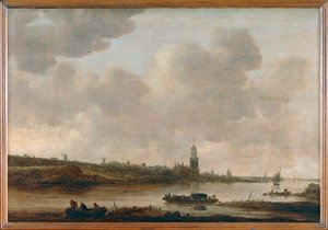 Utsikt över Rhenen vid Rhen med kyrkan Sainte-Cunera ... av Jan Josephsz van Goyen