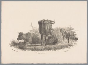 Mjölkande bondhustru, två kor och en bagge Beesten Studien av J. Kobell efter Paul Potter Nr. 1 (serietitel) av Jan Kobell (III)