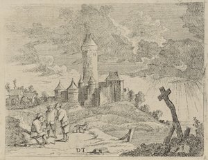 Landskap med ett slott och tre män av Jan Lauwryn Krafft (I) (possibly)