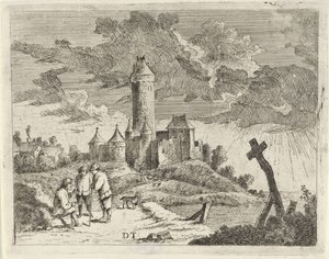 Landskap med ett slott och tre män av Jan Lauwryn Krafft (I) (possibly)