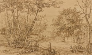 Vy över en stig i Haagskogen, med tiggare vid dörren till en stuga av Jan Lievens