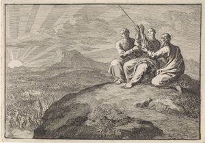 Aron och Hur stöder Moses händer under Israels folks strid mot amalekiterna av Jan Luyken