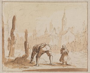 Adriaen Wens söker i askan efter munskruven som hade anbringats på hans mor i Antwerpen 1573 av Jan Luyken