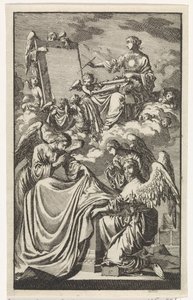 Allegorisk kvinnofigur beskriver en panel i molnen av Jan Luyken