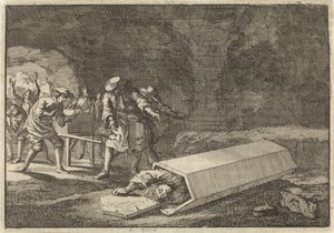 Begravningsskötare i Rom ser att Antonio Marlini, som de hade placerat i ett valv några dagar tidigare, tydligen måste ha varit död, 1696 av Jan Luyken