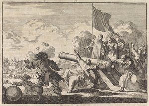Belägring av Groningen där en kanon välsignas av sex munkar, 1672 av Jan Luyken