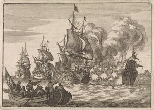 I Valencia attackeras spanska amiralen Papachino av tre franska fartyg under amiral Tourville för att han inte hälsade tillräckligt snabbt, 1688 av Jan Luyken