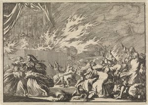 Brand i ett träskjul där en teaterföreställning äger rum intill Amelienborg slott i Köpenhamn, 1689 av Jan Luyken