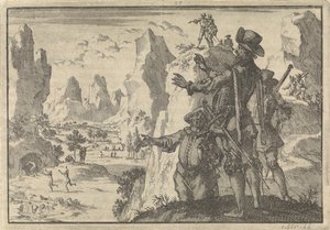 Beväpnade spanjorer ser ner på helt vilda människor från klippor, ca 1600 av Jan Luyken