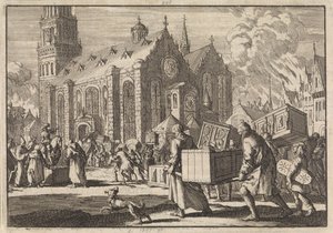 Invånarna i Spires tar i god tro sina möbler till katedralen där de sedan bränns av den franske generalen Monclar, 1689 av Jan Luyken